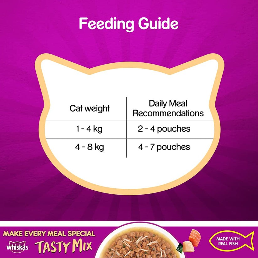 Whiskas Adult (1+ year) Tasty Mix Wet Cat Food Made With Real Fish, Chicken With Salmon Wakame Seaweed in Gravy - 70 gm packs
