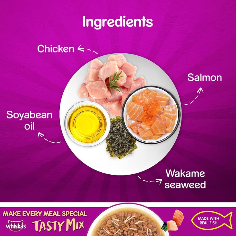 Whiskas Tasty Mix Wet Food Made With Real Fish (Seafood Cocktail & Wakame Seaweed) in Gravy For Adult