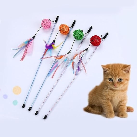 Cat Teaser Rod/ Wand, Teasing Stick with Rattan Ball and Bell