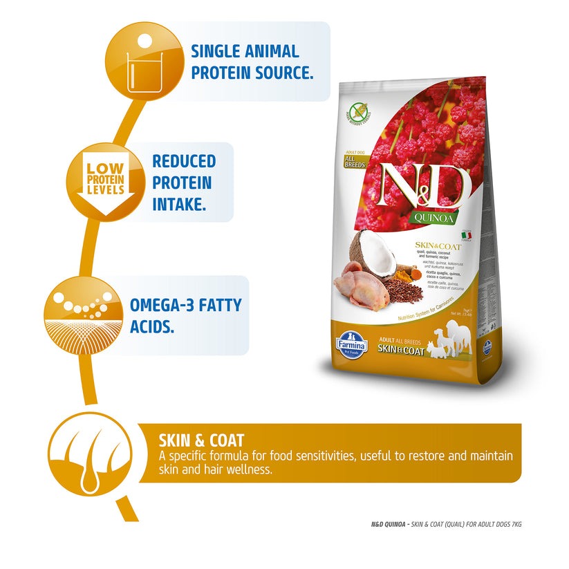 Farmina N&D Quinoa (Skin & Coat) Quail & Coconut all Breed , Grain-Free, Adult Dry Cat Food