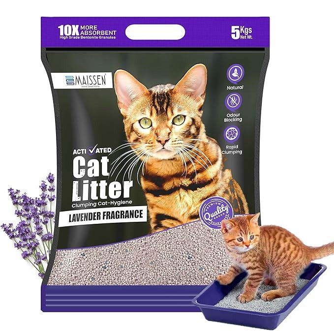 Maissen Activated Cat Litter, Lavender - 5 Kg Bentonite Clay Cat Essentials | Natural, Low Dust | Quick-Clumping, Scoopable