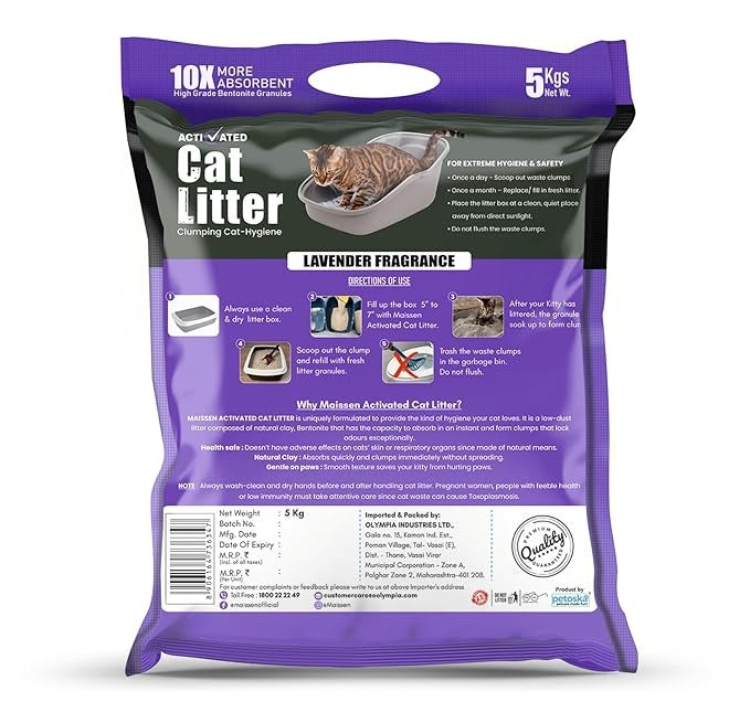 Maissen Activated Cat Litter, Lavender - 5 Kg Bentonite Clay Cat Essentials | Natural, Low Dust | Quick-Clumping, Scoopable