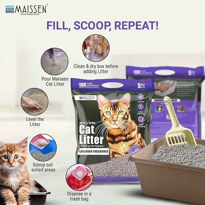 Maissen Activated Cat Litter, Lavender - 5 Kg Bentonite Clay Cat Essentials | Natural, Low Dust | Quick-Clumping, Scoopable