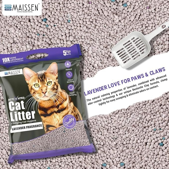 Maissen Activated Cat Litter, Lavender - 5 Kg Bentonite Clay Cat Essentials | Natural, Low Dust | Quick-Clumping, Scoopable