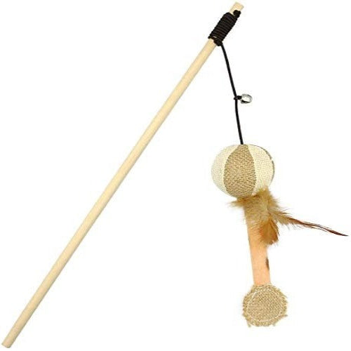 Nunbell Cat Teaser Rod/ Wand, Teasing Stick with Bell and Mouse - Wooden