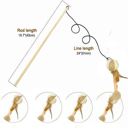 Nunbell Cat Teaser Rod/ Wand, Teasing Stick with Bell and Mouse - Wooden