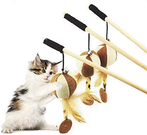 Nunbell Cat Teaser Rod/ Wand, Teasing Stick with Bell and Mouse - Wooden