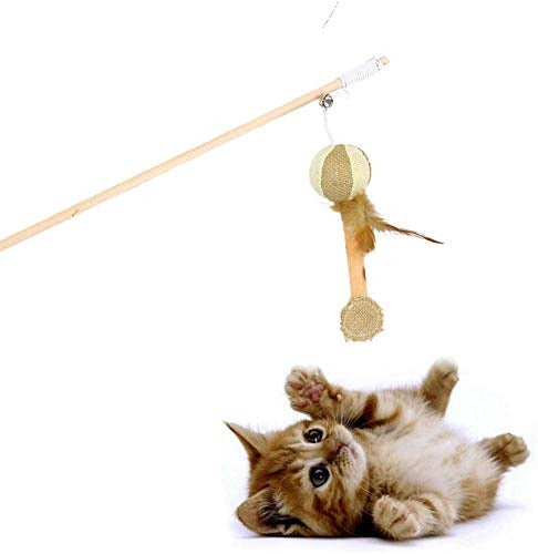 Nunbell Cat Teaser Rod/ Wand, Teasing Stick with Bell and Mouse - Wooden