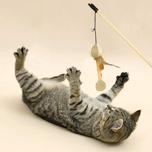 Nunbell Cat Teaser Rod/ Wand, Teasing Stick with Bell and Mouse - Wooden