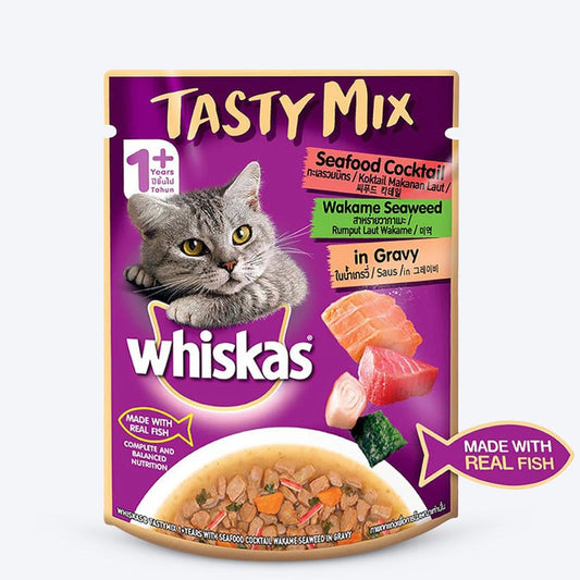 Whiskas Tasty Mix Wet Food Made With Real Fish (Seafood Cocktail & Wakame Seaweed) in Gravy For Adult